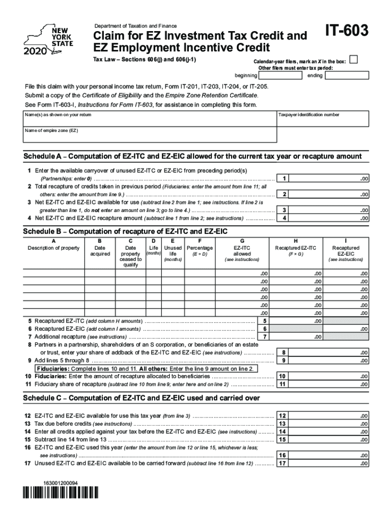  Form it 603 'Claim for Ez Investment Tax Credit and Ez 2020