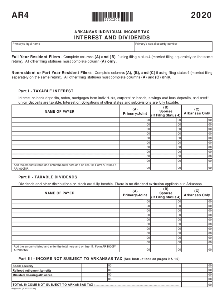  Printable Arkansas Form AR4 Interest and Dividend Schedule 2020