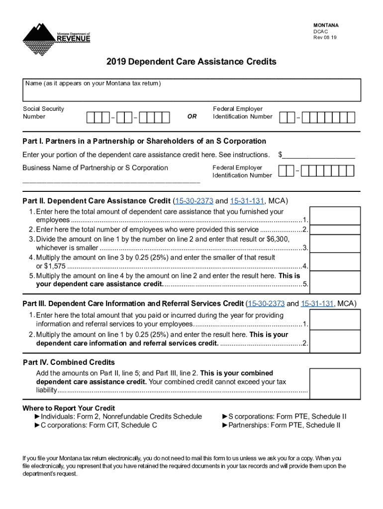  Printable Montana Form DCAC Dependent Care Assistance Credits 2019