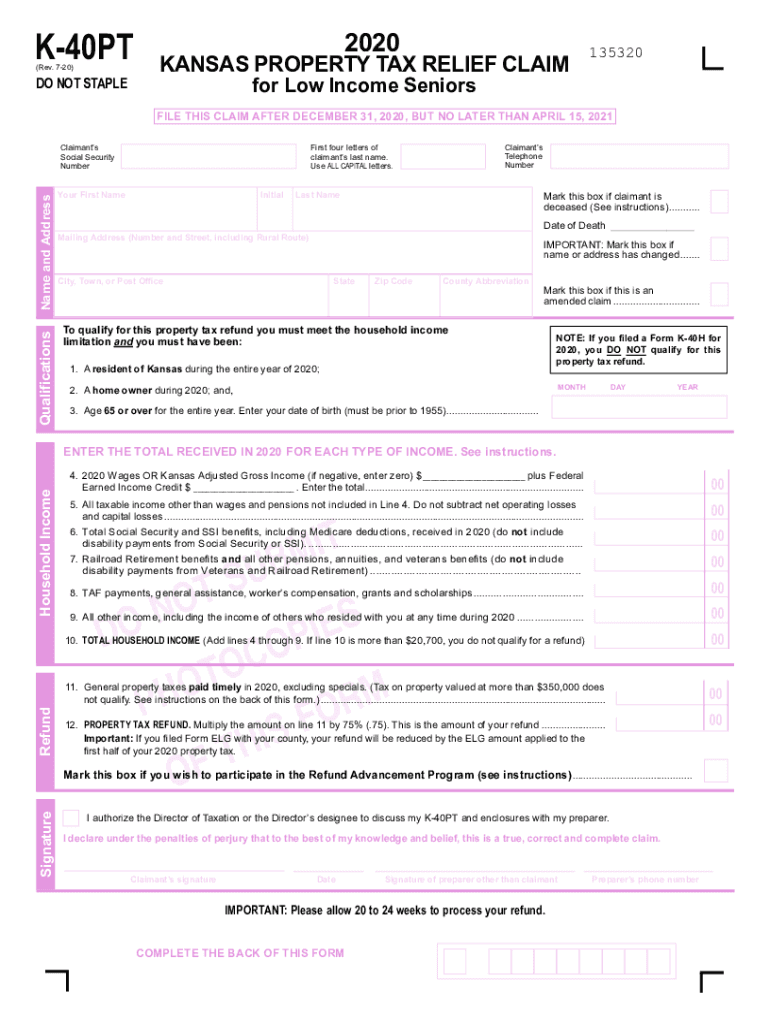  Printable Kansas Form K 40PT Property Tax Relief Claim 2020