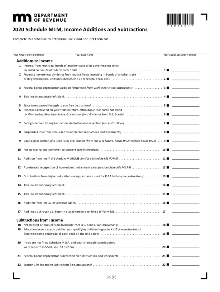  Minnesota Form M1M Income Additions and Subtractions 2020