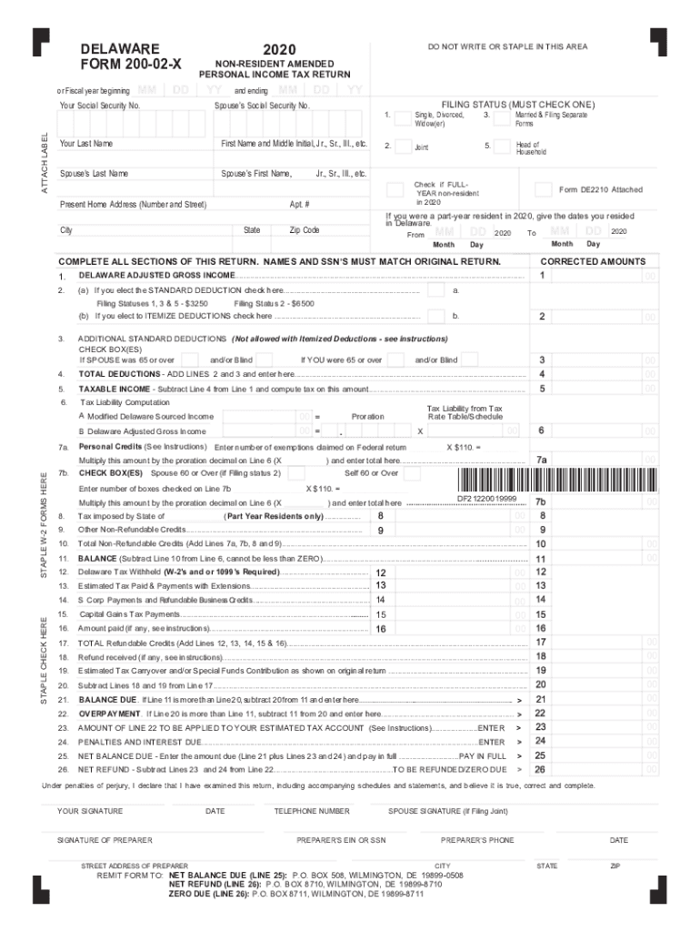  Printable Delaware Form 200 02X Non Resident Amended Income Tax Return 2020