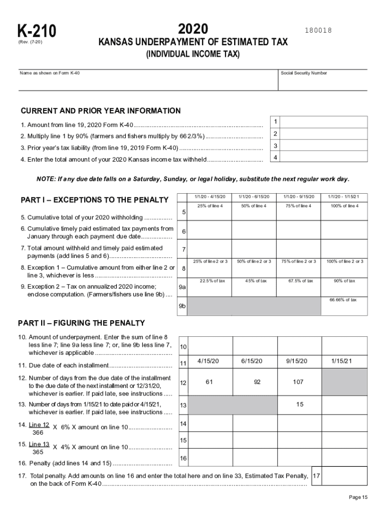  Kansas Form K 210 Individual Underpayment of Estimated 2020