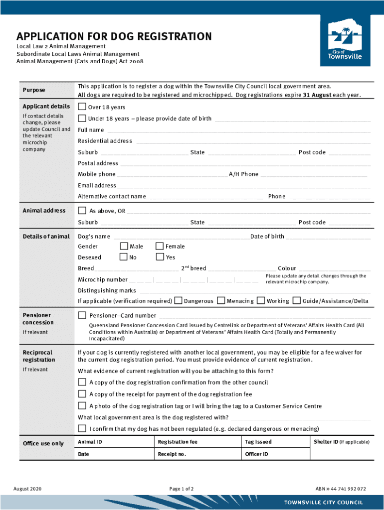  APPLICATION for DOG REGISTRATION City of Townsville 2020-2024