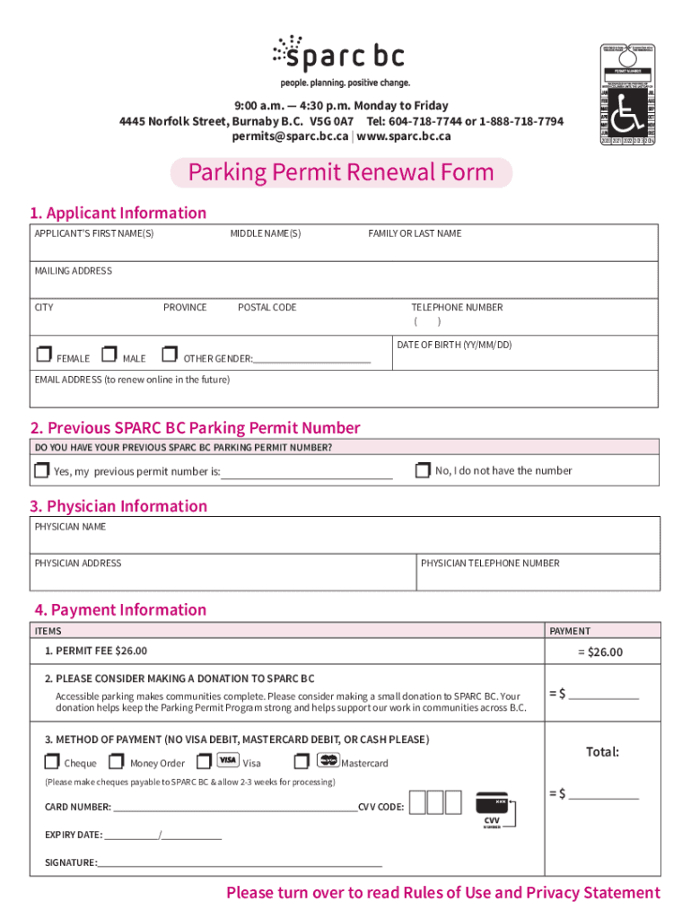 Parking Permit Renewal Form Sparc BC