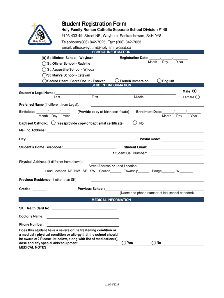 SECSD Student Registration Form Holy Family Roman