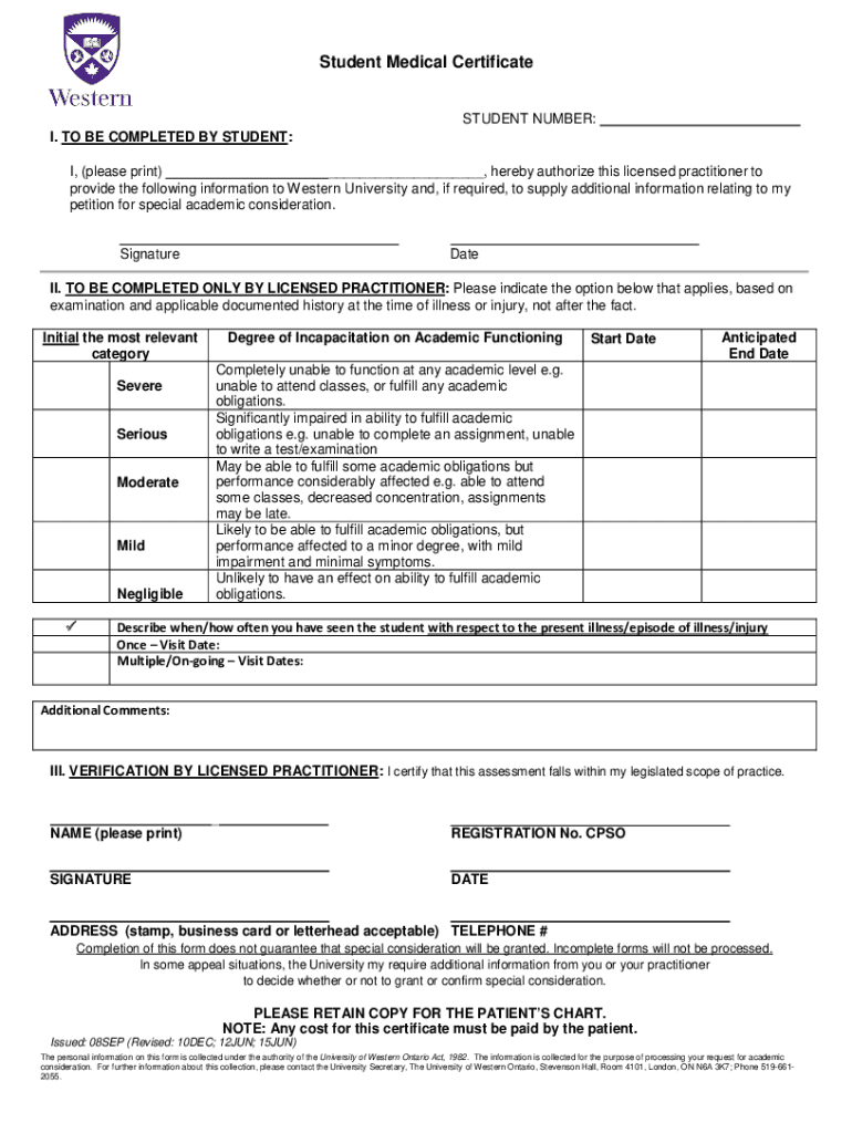 Student Medical Certificate  Form