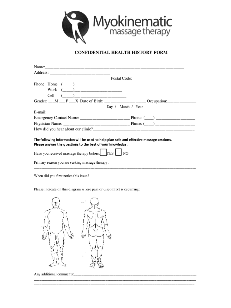 Canada Myokinematic Massage Therapy Heatlh History Form