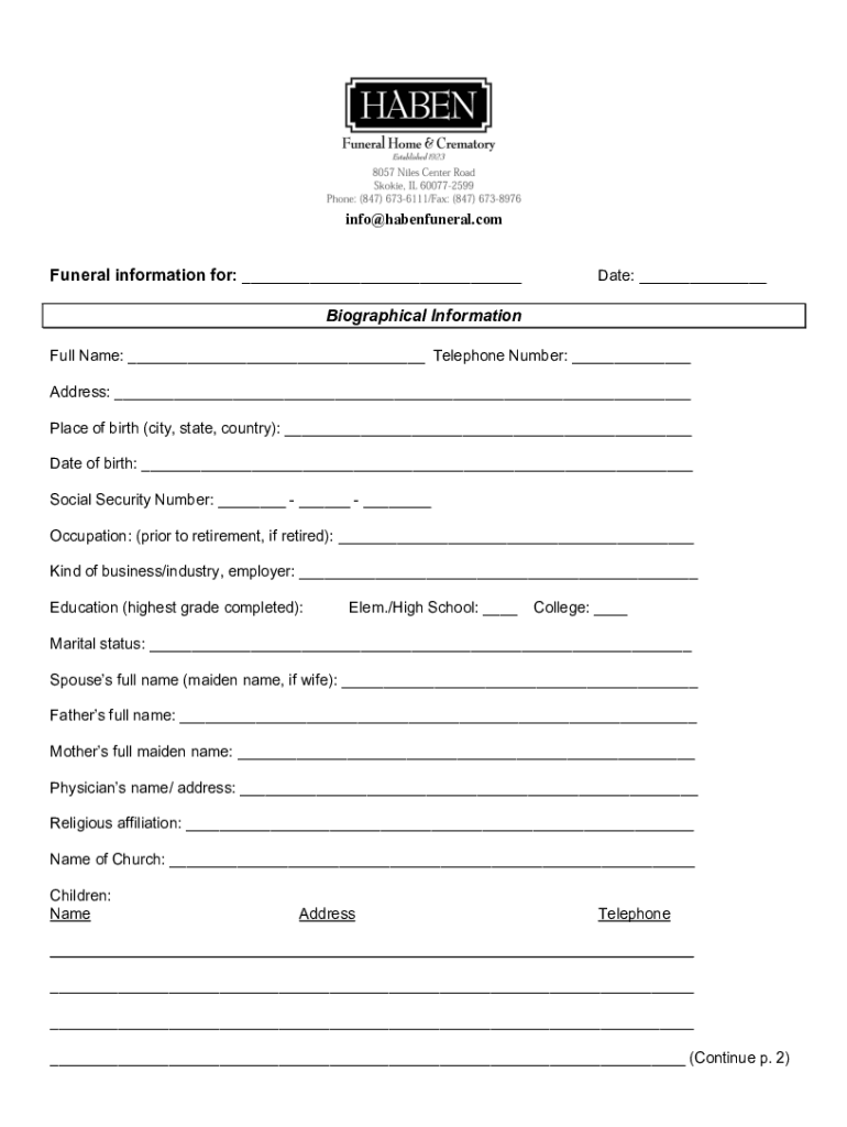 Haben Funeral Home &amp; Crematory Funeral Information Sheet 1 DOC