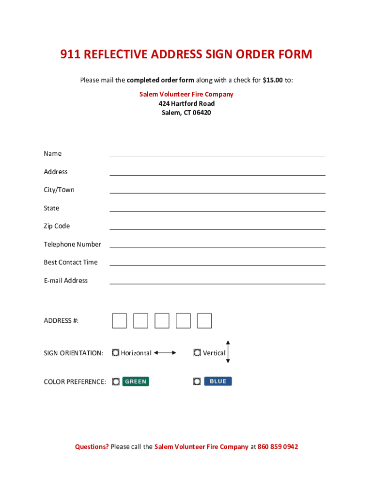 911 REFLECTIVE ADDRESS SIGN ORDER FORM Salem Volunteer Fire