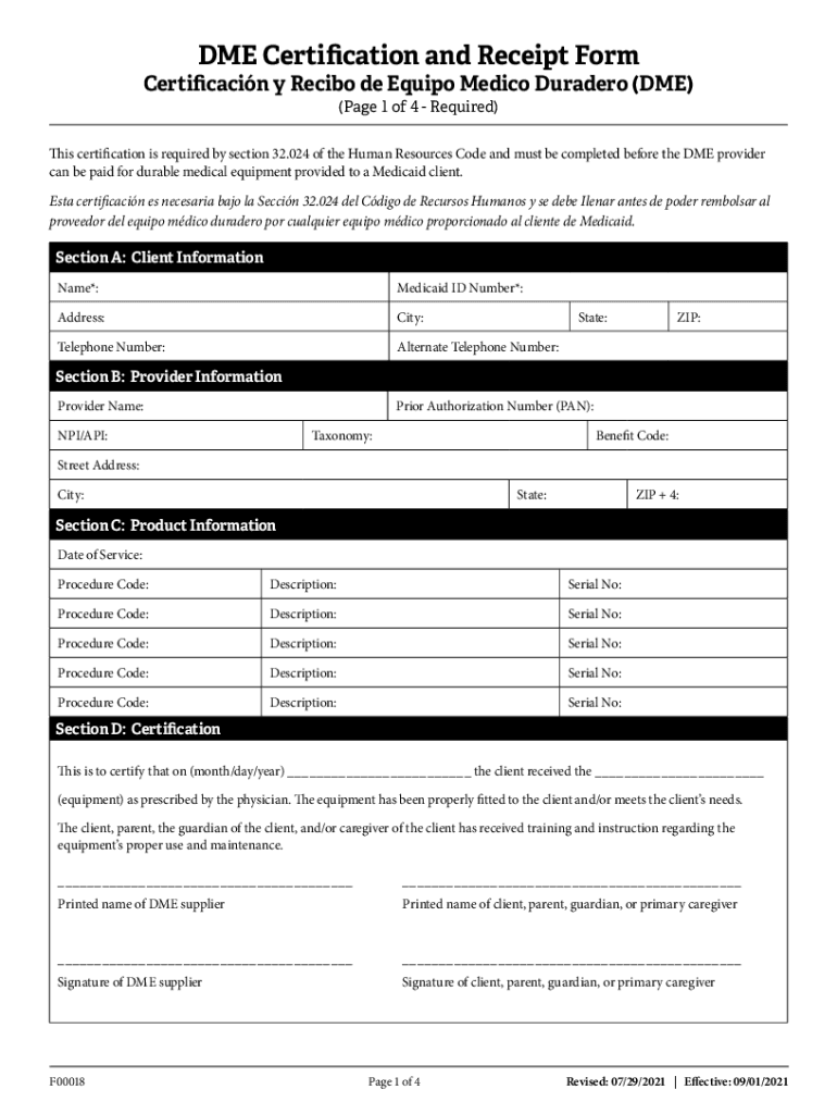  DME Certification and Receipt Form Certificaci N 2021-2024