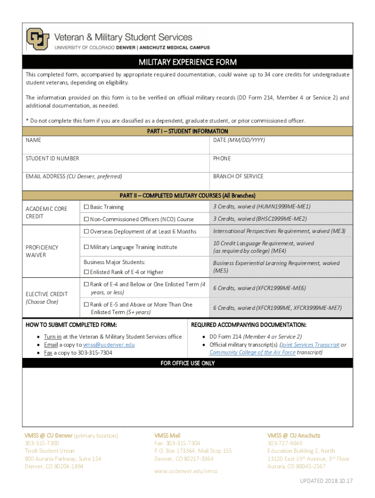  MILITARY EXPERIENCE FORM This Completed Form, Acco 2018-2024