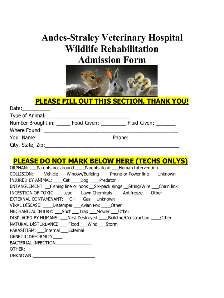 Andes Straley Veterinary Hospital Wildlife Rehabilitation  Form