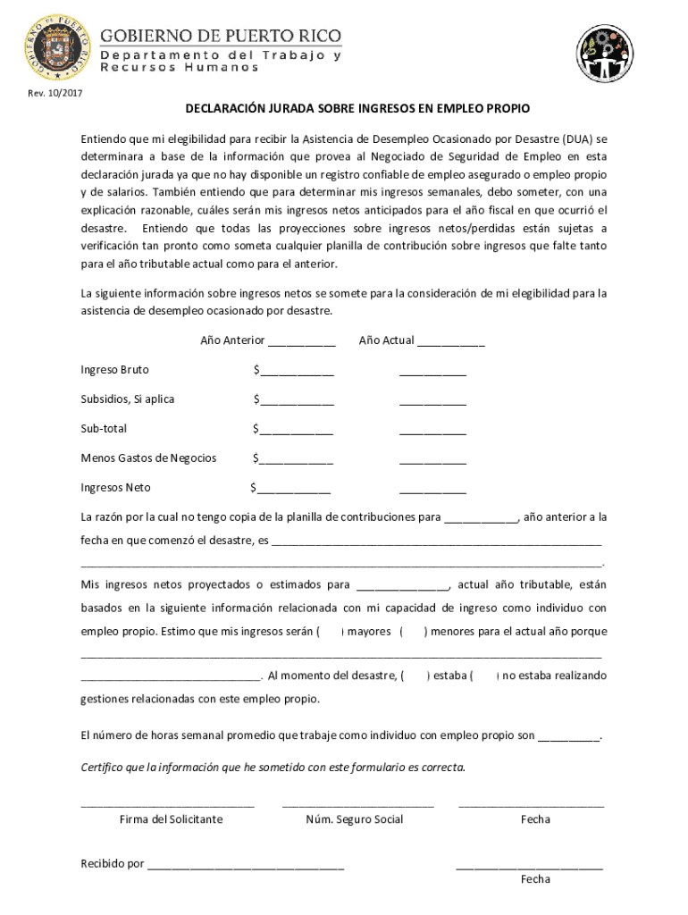 Disaster Unemployment Assistance Self Employment Income Affidavit  Form