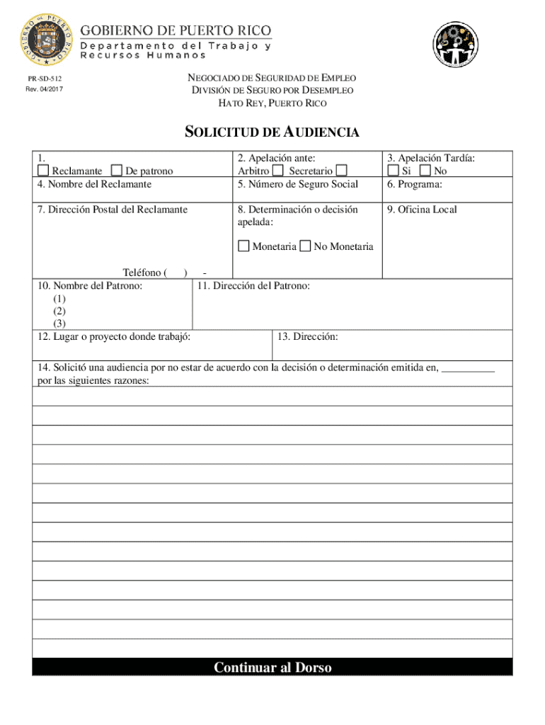 Puerto Rico Unemployment Security Appeal Hearing Request  Form
