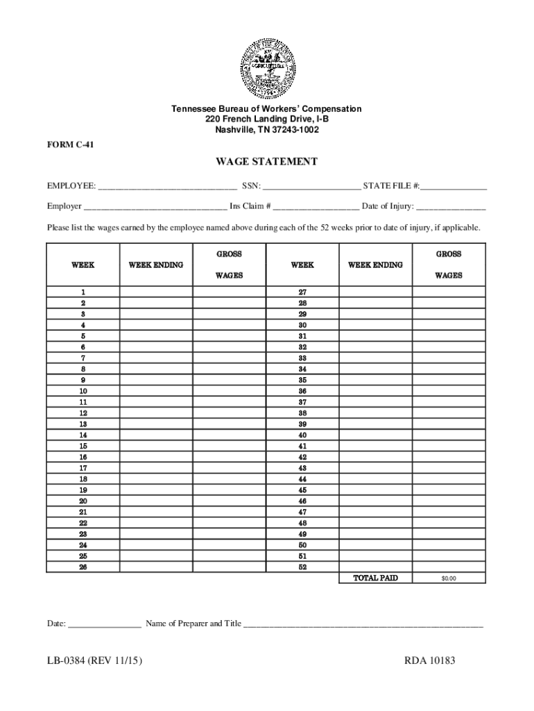 Tennessee Bureau of Workers Compensation 220 Frenc  Form