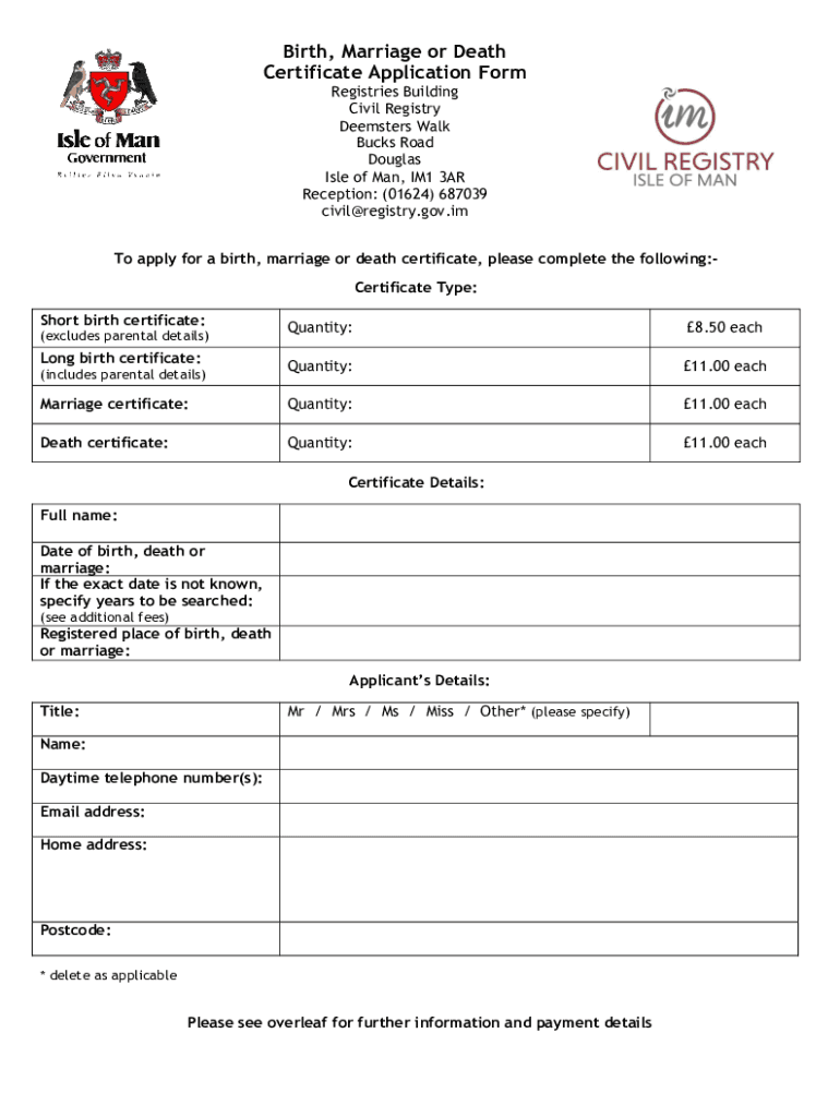 Birth, Marriage or Death Certificate Application F  Form