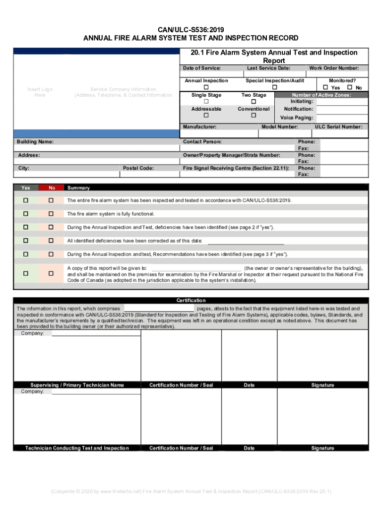 Fire Alarm System Annual Test and Inspection Record  Form