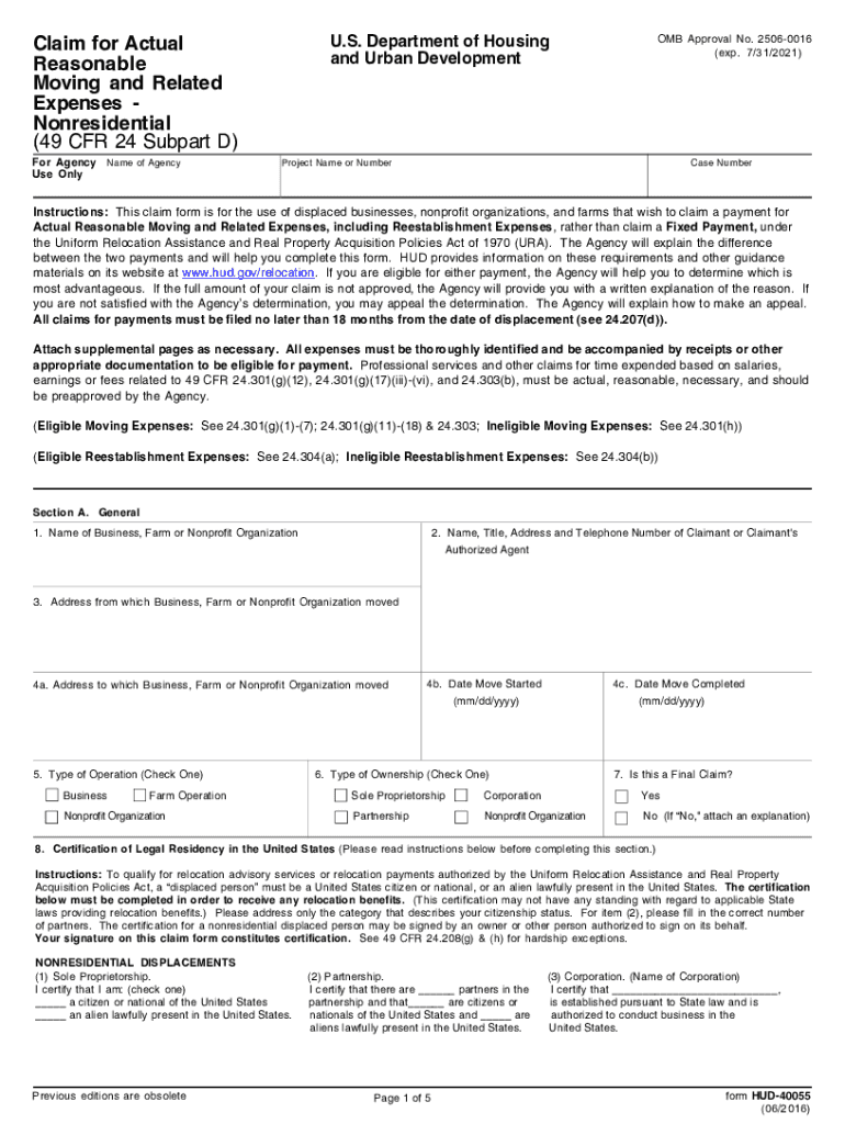 Claim for Actual U S Department of Housing MiPlace  Form