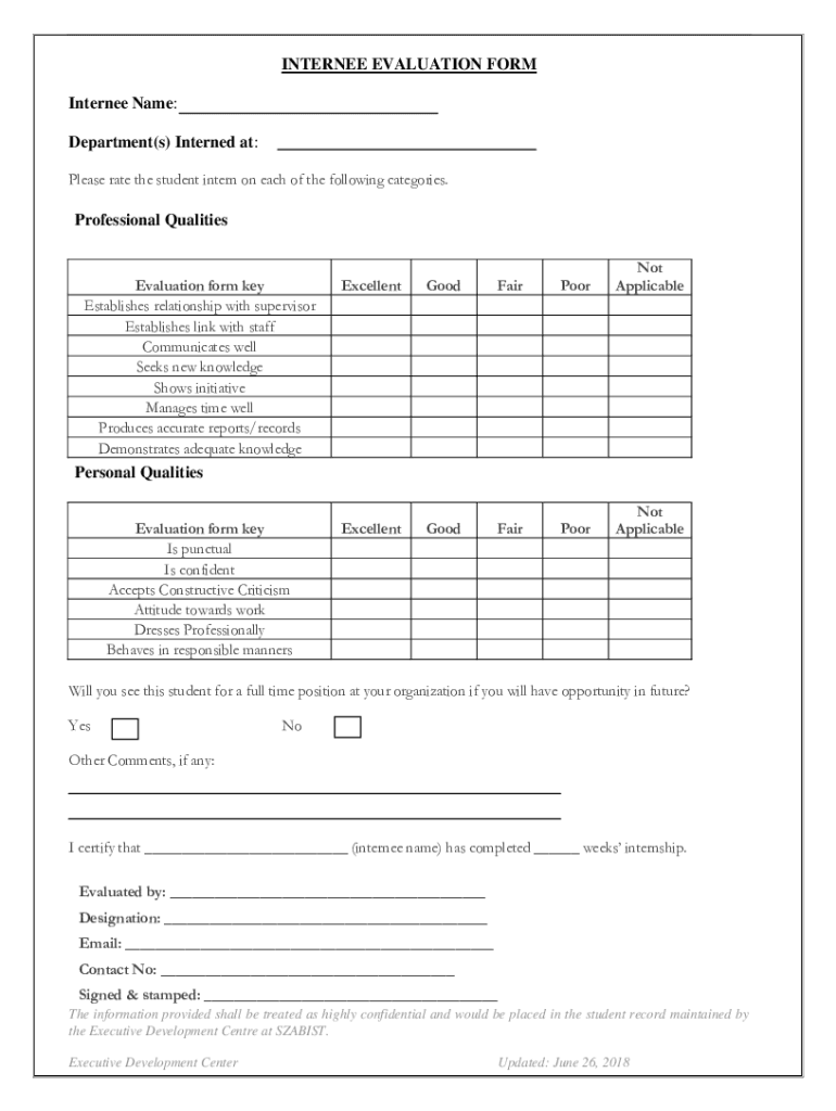 SZABIST INTERNEE EVALUATION FORM