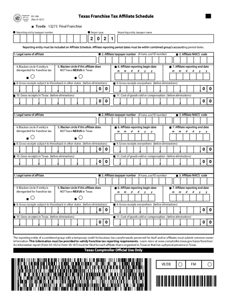  05 166 Texas Franchise Tax Affiliate Schedule for Final Report 2021