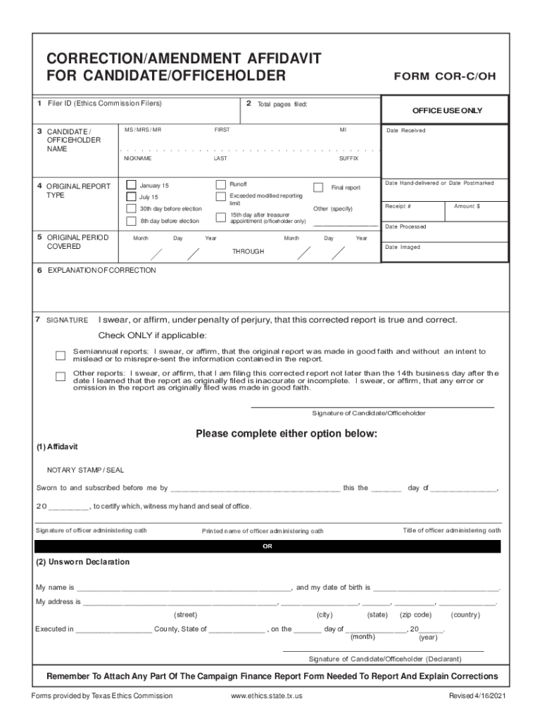 CORRECTIONAMENDMENT AFFIDAVIT for CANDIDATEOFFICEHOLDER  Form