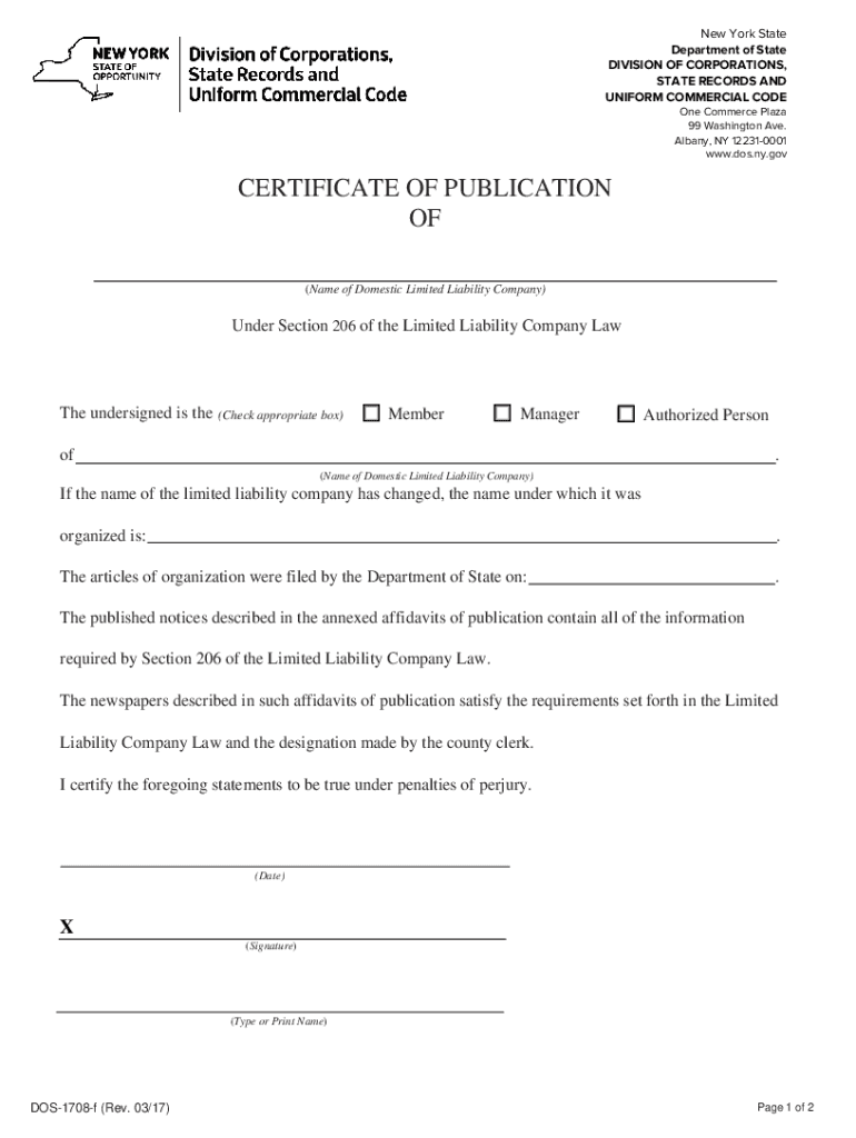 PDF CERTIFICATE of PUBLICATION of New York State Department  Form