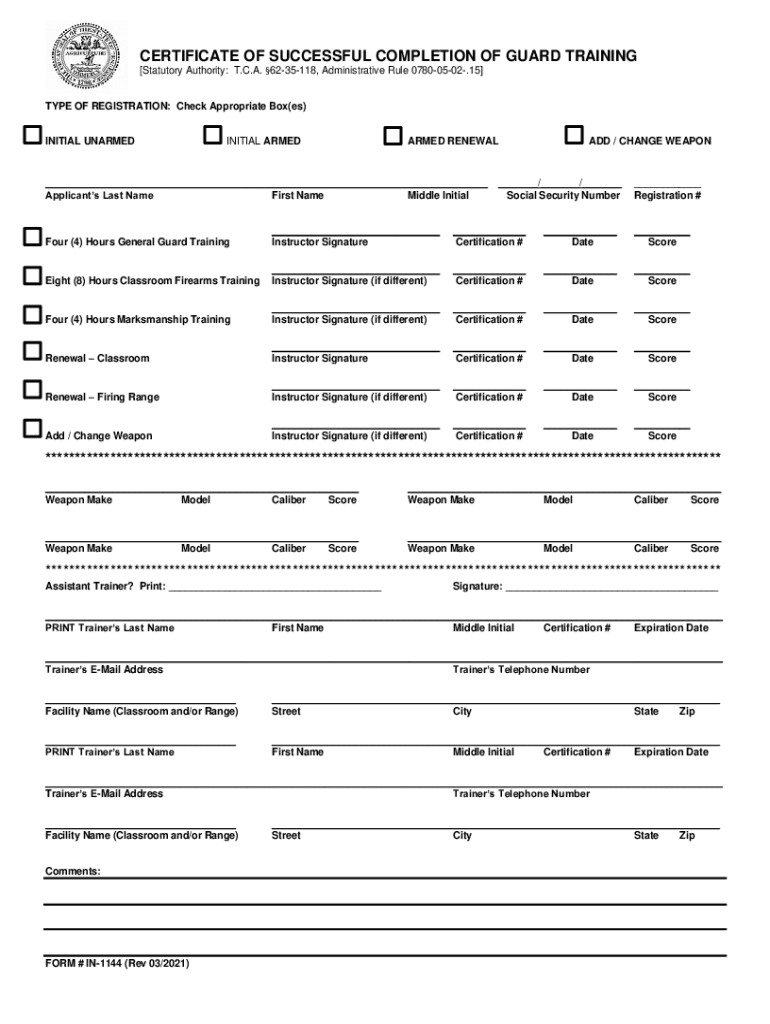 Certificate of Successful Completion of Guard Training  Form