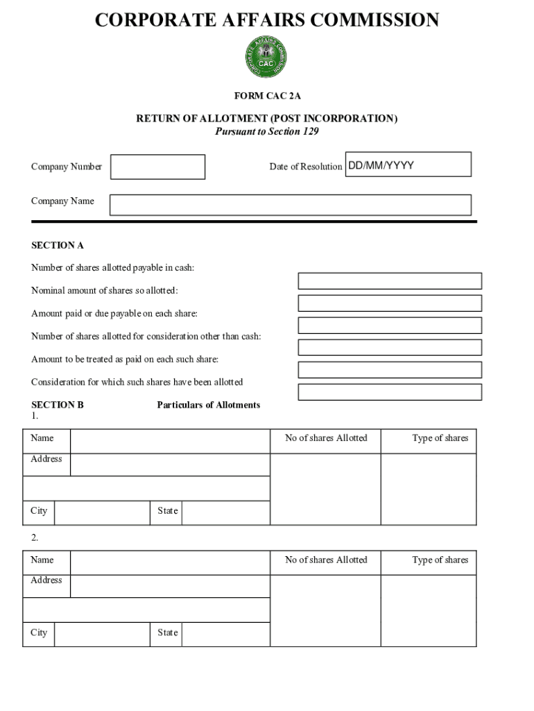 Return of Allotment Post Incorporation  Form