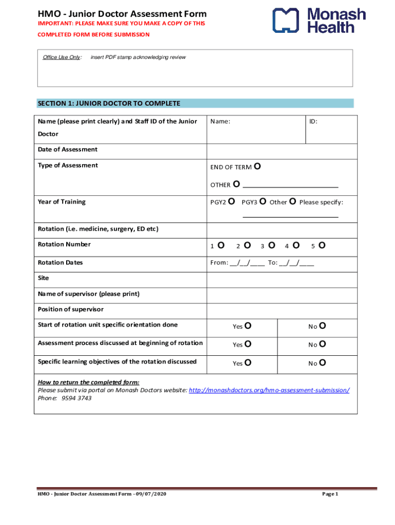 HMO Junior Doctor Assessment Form IMPORTANT PLEAS