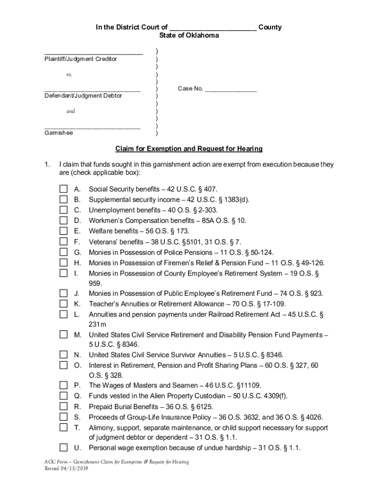 In the DISTRICT COURT of COUNTY, STATE of OKLAHOMA  Form