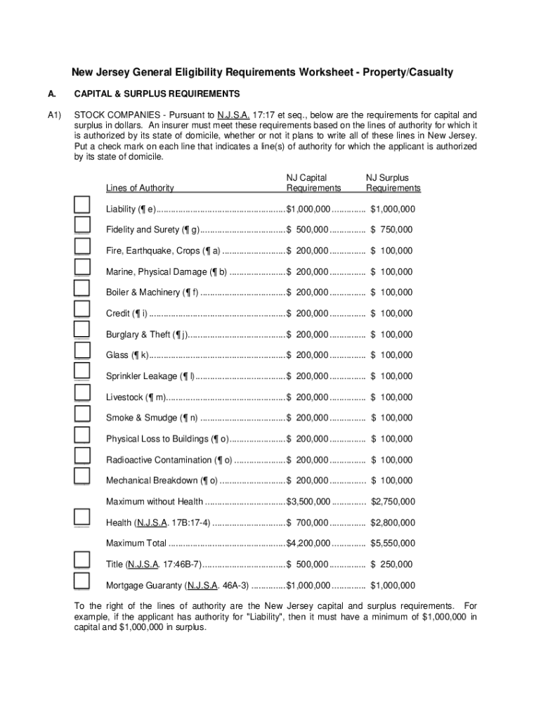 New Jersey General Eligibility Requirements Worksheet  Form