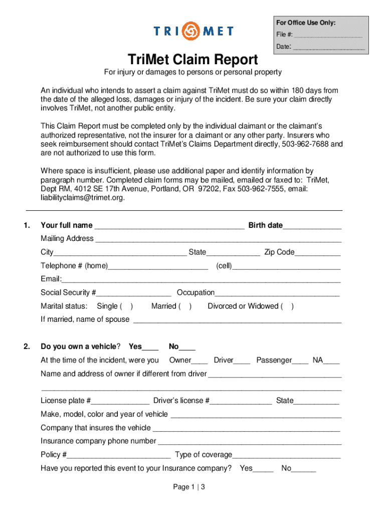 TRI MET CLAIM REPORT  Form