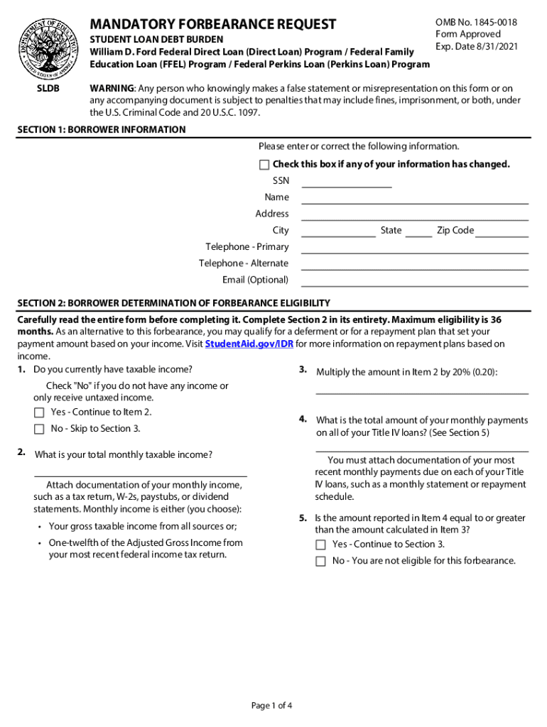 Student Loan Debt Burden Mandatory Forbearance RequestStudent Loan Debt Burden Mandatory Forbearance RequestWilliam D Ford Act F  Form