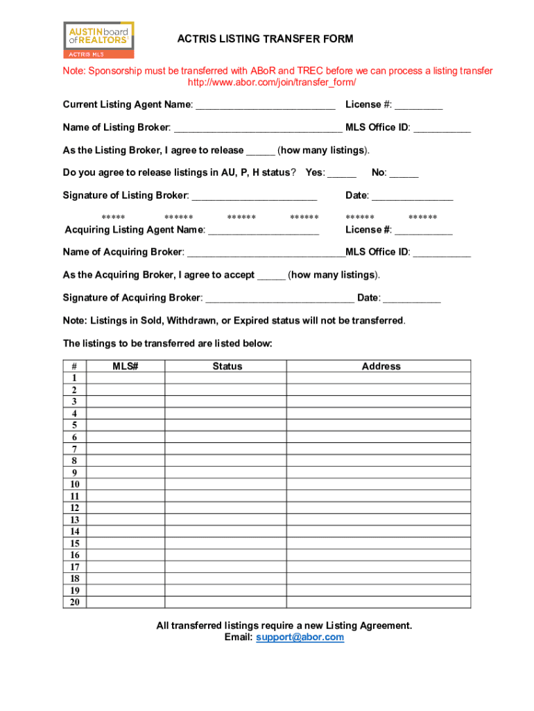 ACTRIS LISTING TRANSFER FORM