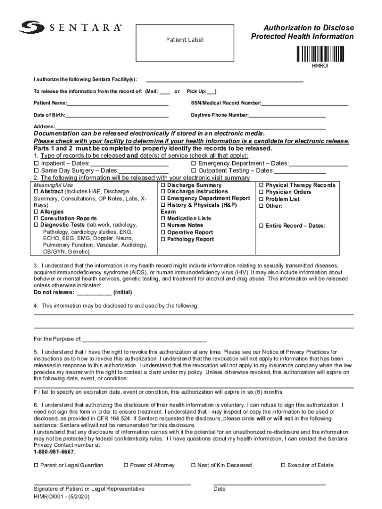  Authorization to Disclose Patient Label Protected Health 2020-2024