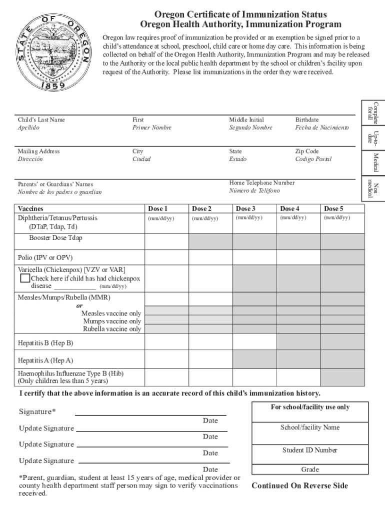 Oregon Health Authority Nonmedical Exemption Certificate  Form