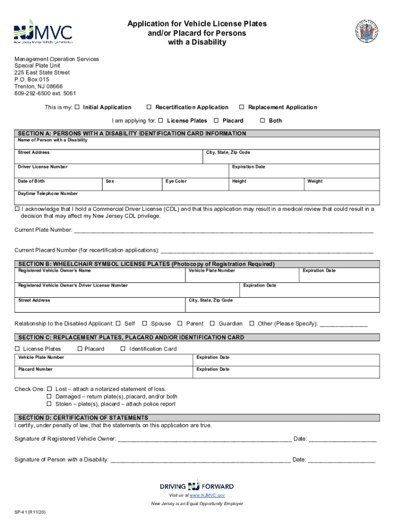 Nj Application for Handicap Placard 20202024 Form Fill Out and Sign