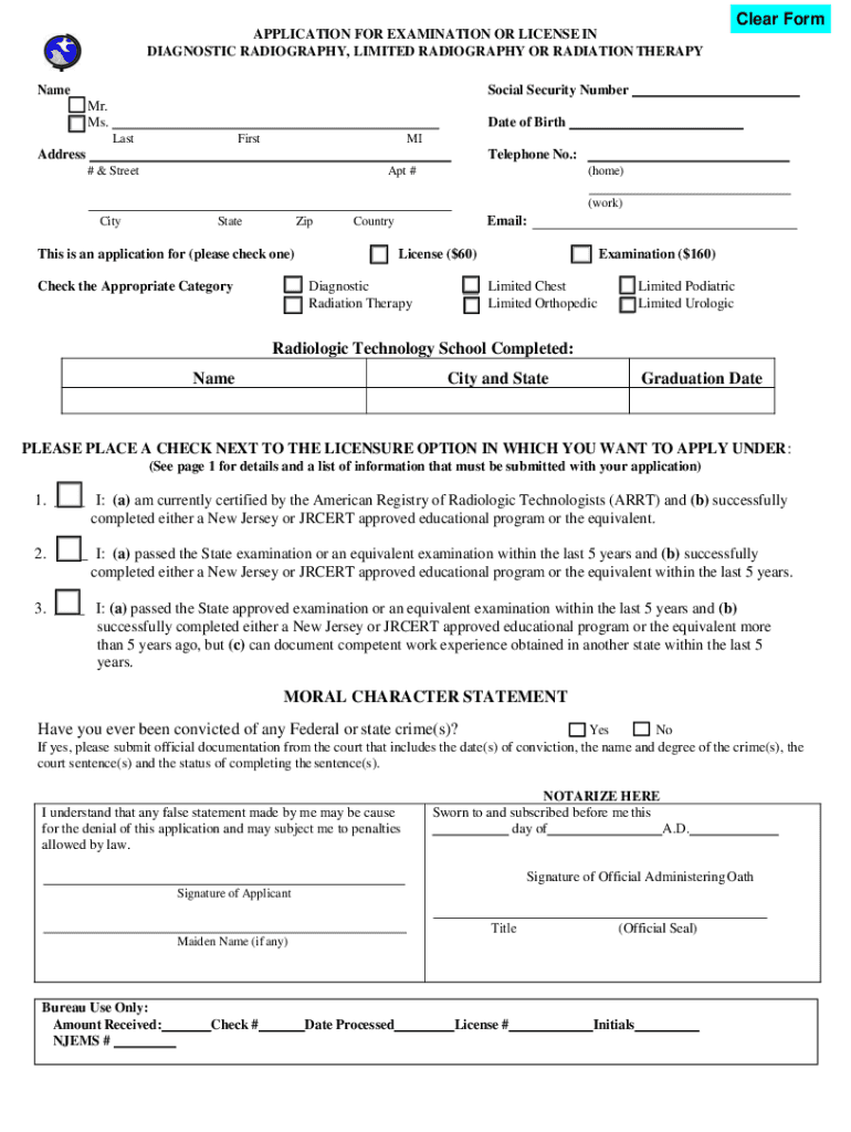 NJ Application for Examination or License in Diagnostic Radiography Limited Radiography or Radiation Therapy  Form