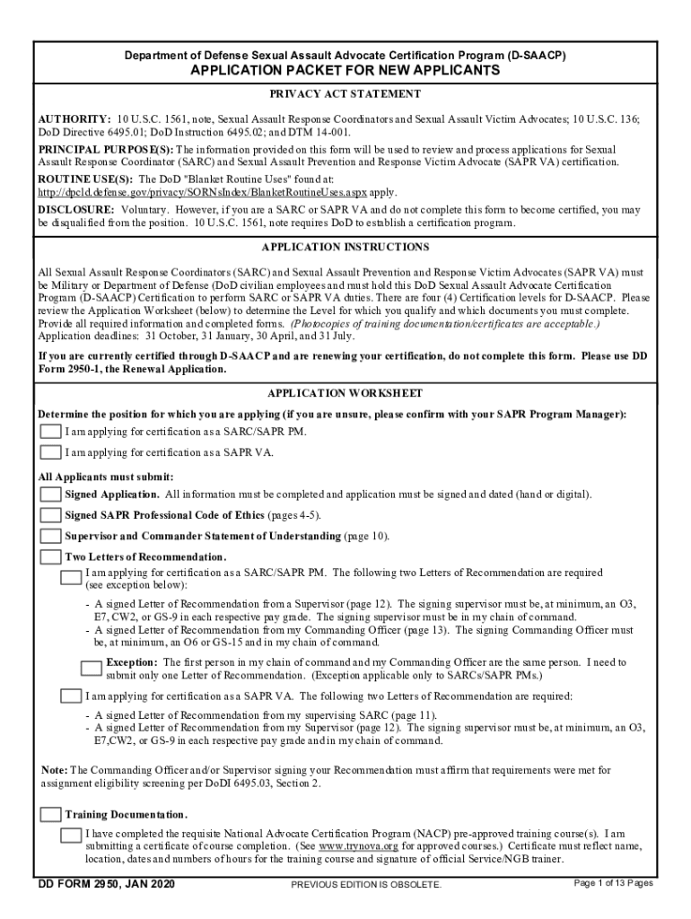 DD Form 2950 'Department of Defense Sexual Assault