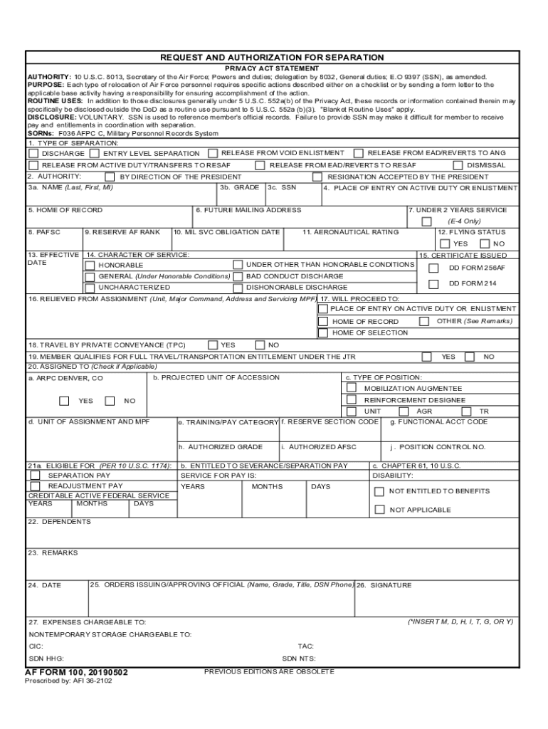 AF Form 100 'Request and Authorization for Separation'