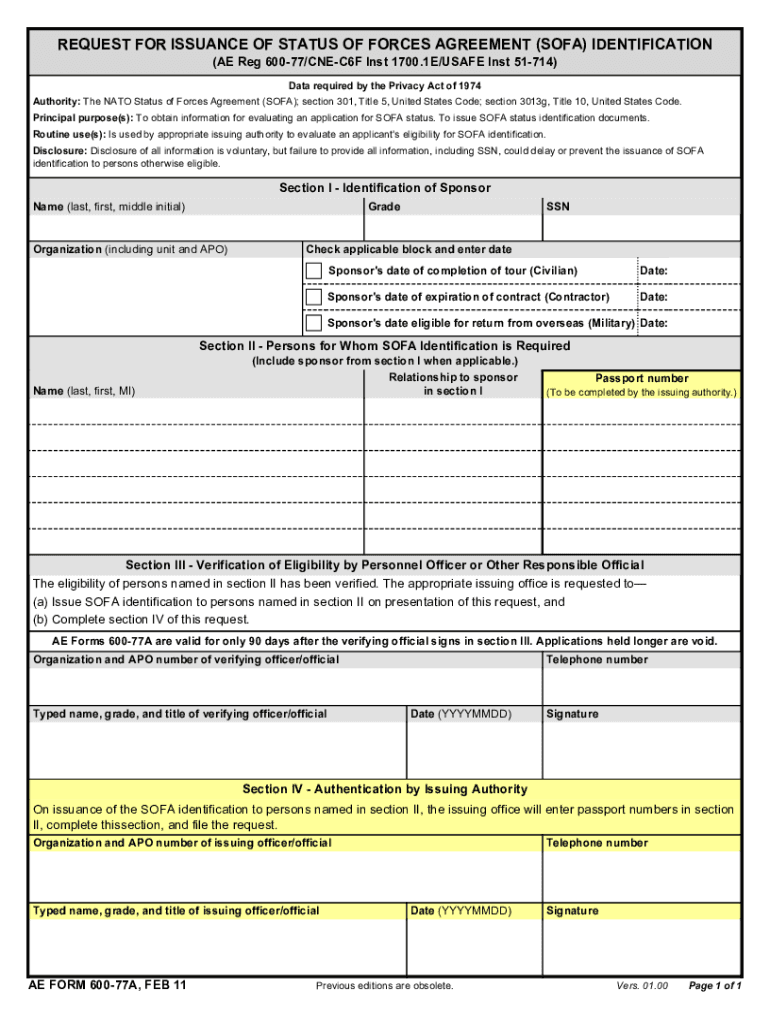 REQUEST for ISSUANCE of STATUS of FORCES AGREEMENT SOFA IDENTIFICATION  Form