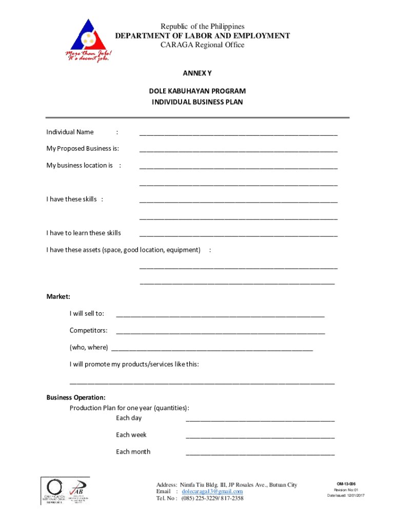 Dole Kabuhayan Program Individual Business Plan Sample  Form