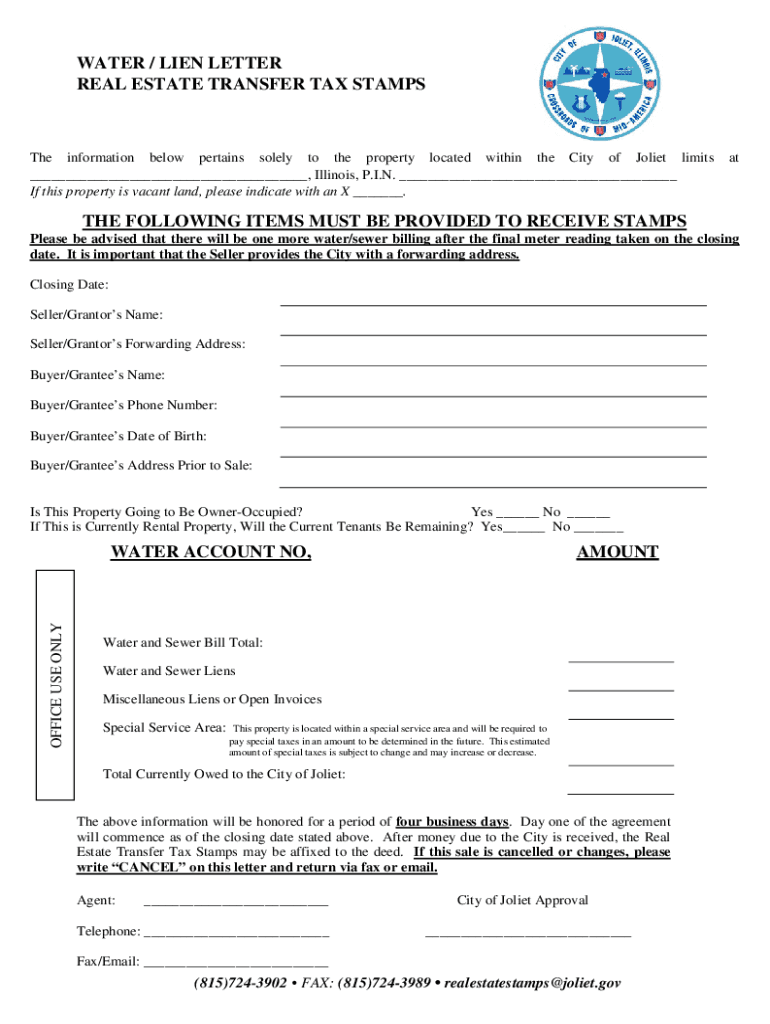 WATER LIEN LETTER REAL ESTATE TRANSFER TAX STAMPS  Form