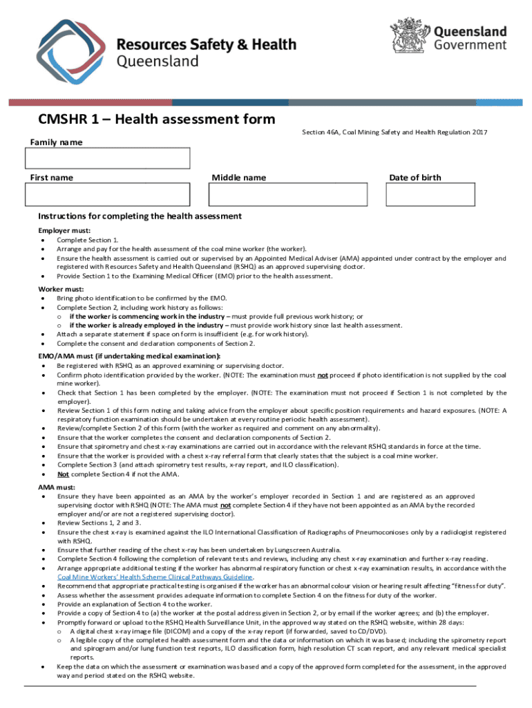  CM SHR 1 Health Assessment Form Section 46A, Coal 2020-2024