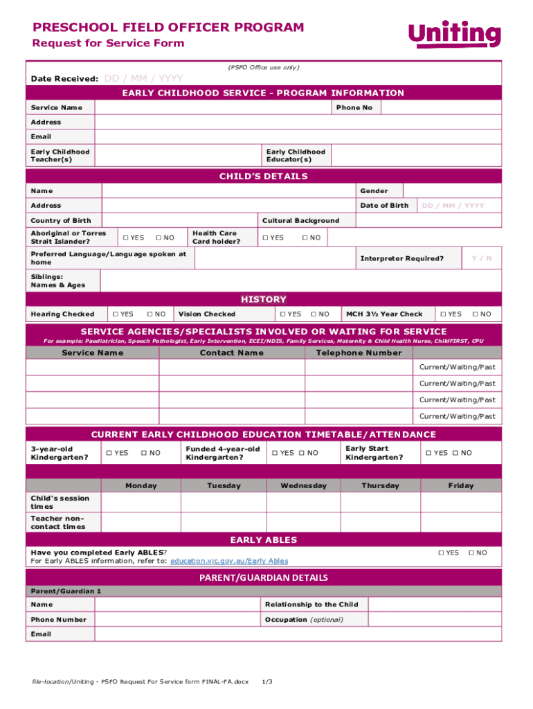 Uniting PSFO Request for Service Form