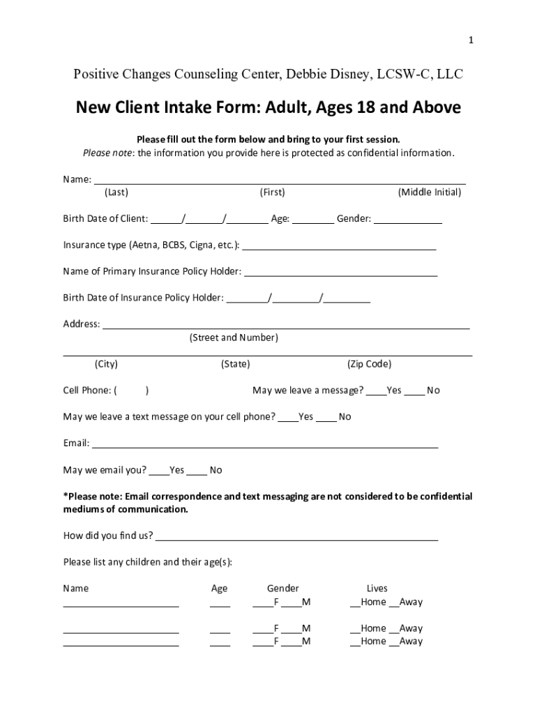 New Client Intake Form Adult, Ages 18 and Debbie Disney