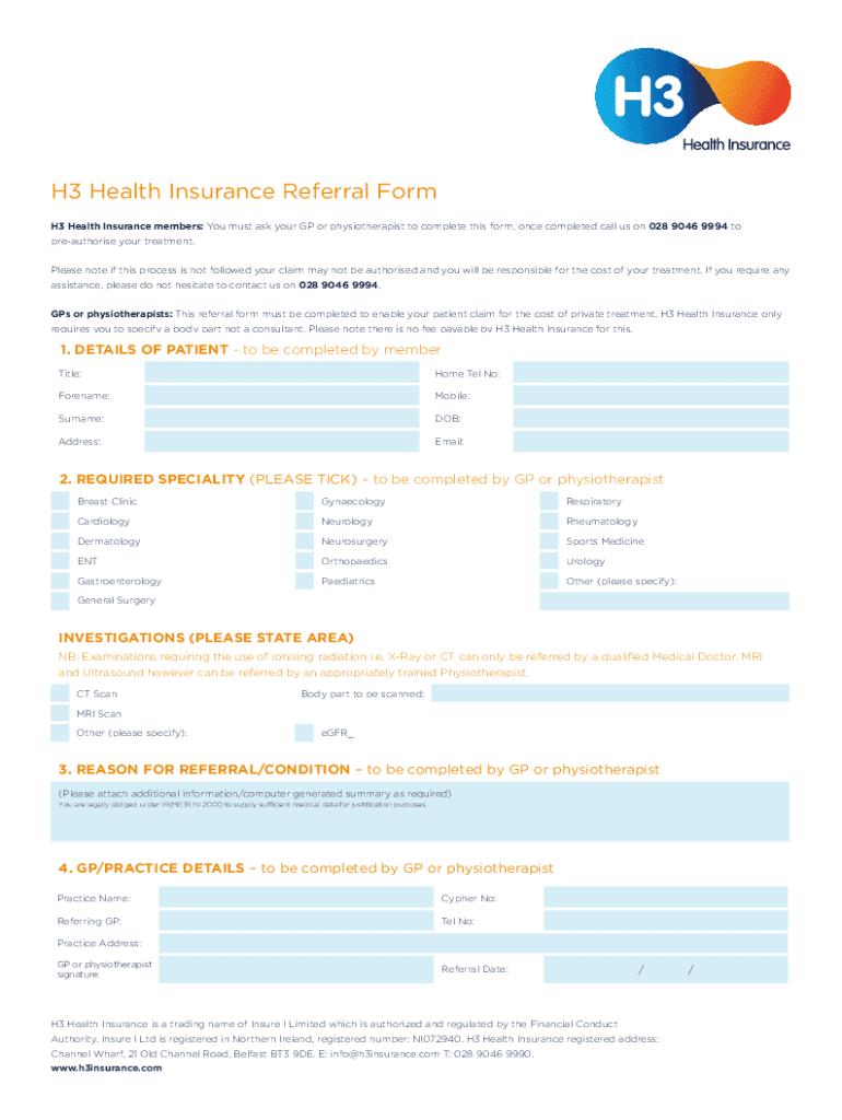 H Health Insurance Referral Form H Health Insura