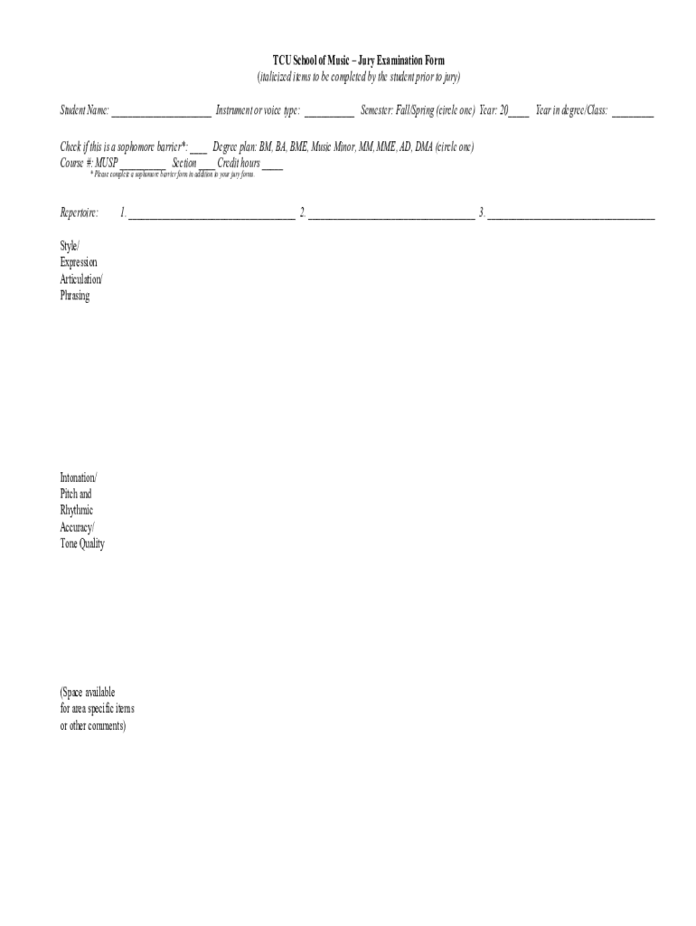 TCU School of Music Jury Examination Form Italici