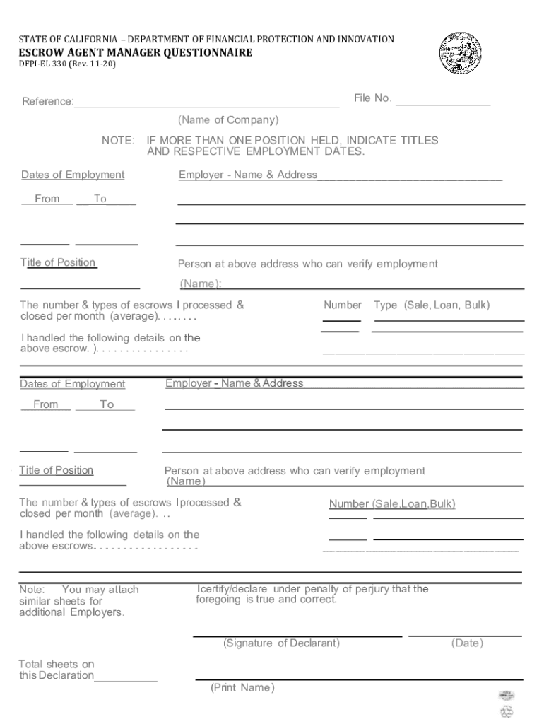 DFPI EL 330 Escrow Agent Manager Questionnaire  Form